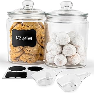 KooK Glass Storage Containers with Lids, 1/2 Gallon, Set of 2, Glass Kitchen Jars, Food & Cookie Storage Containers for Pantry, Bathroom Apothecary Canisters, Dishwasher Safe, Chalk, Label, Scoops