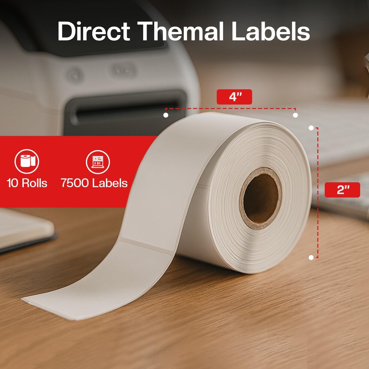 4" x 2" Direct Thermal Labels Roll, 10 Rolls (7,500 Labels), 1" Core Compatible with Zebra,Rollo, MUNBYN,POLONO & IDPRT Label Printer, Strong Adhesive Perforated for Packages,Barcodes & Office Use