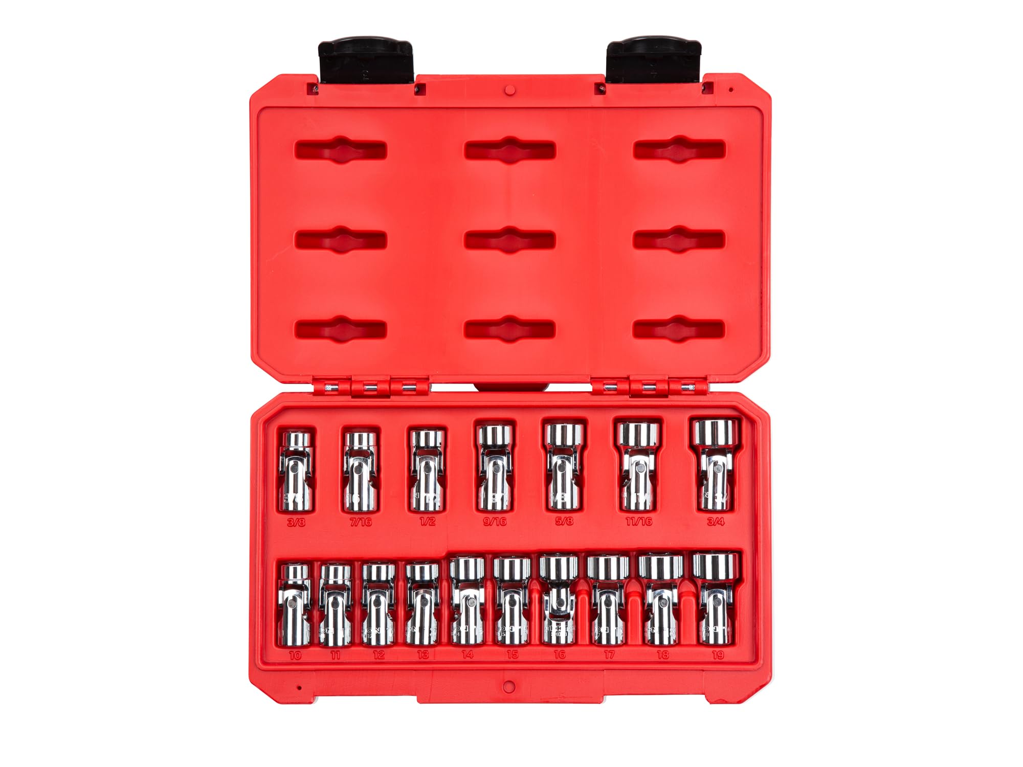 TEKTON 3/8-Zoll-Antrieb Kardangelenk Steckschlüsselsatz, 17-teilig (3/8-3/4 Zoll, 10-19 mm) | SHD91301