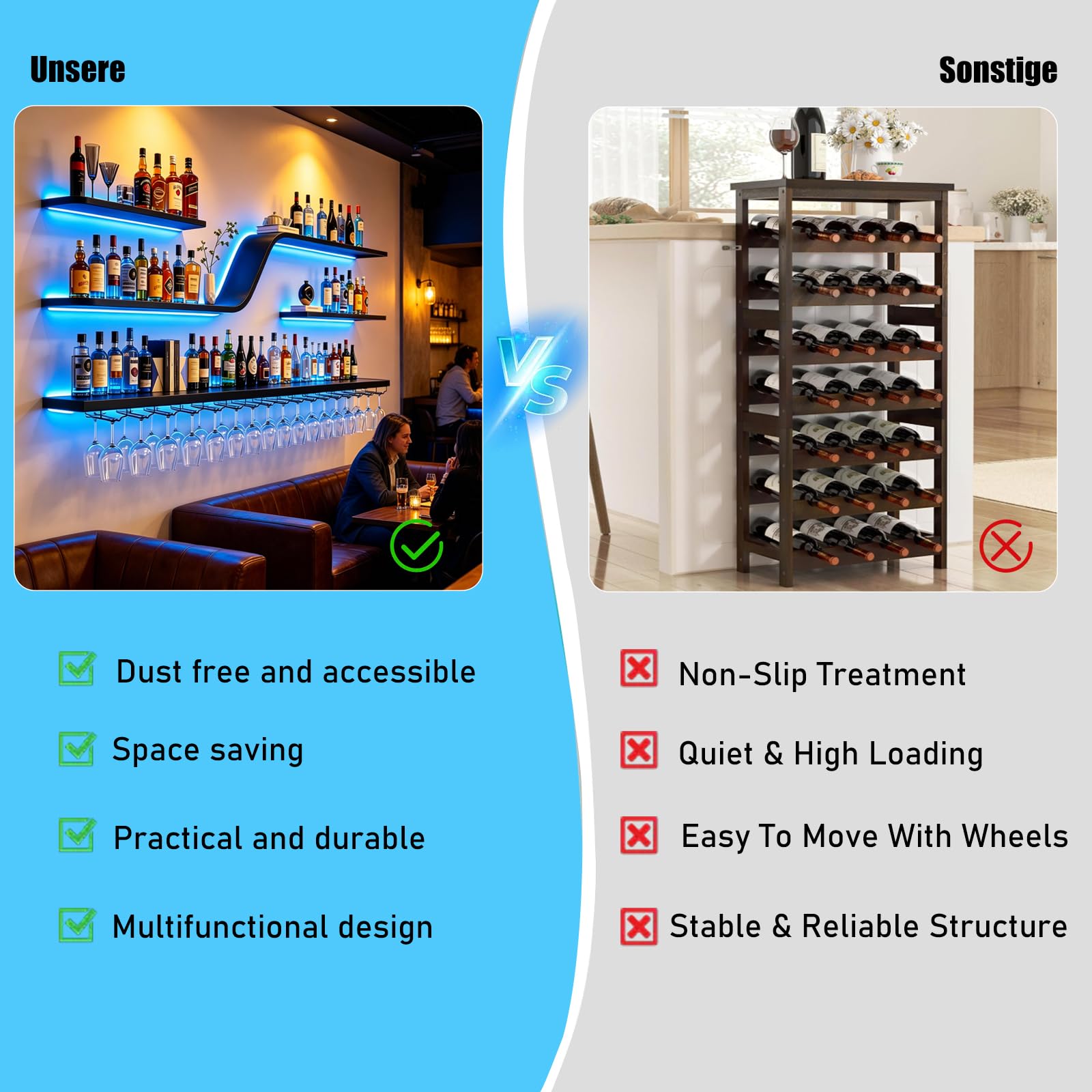 120cm Portabottiglie da parete con luci LED, espositore per bottiglie di liquori, mensole da bar in metallo a 3 ripiani, ideale per bar, caffetterie e ristoranti