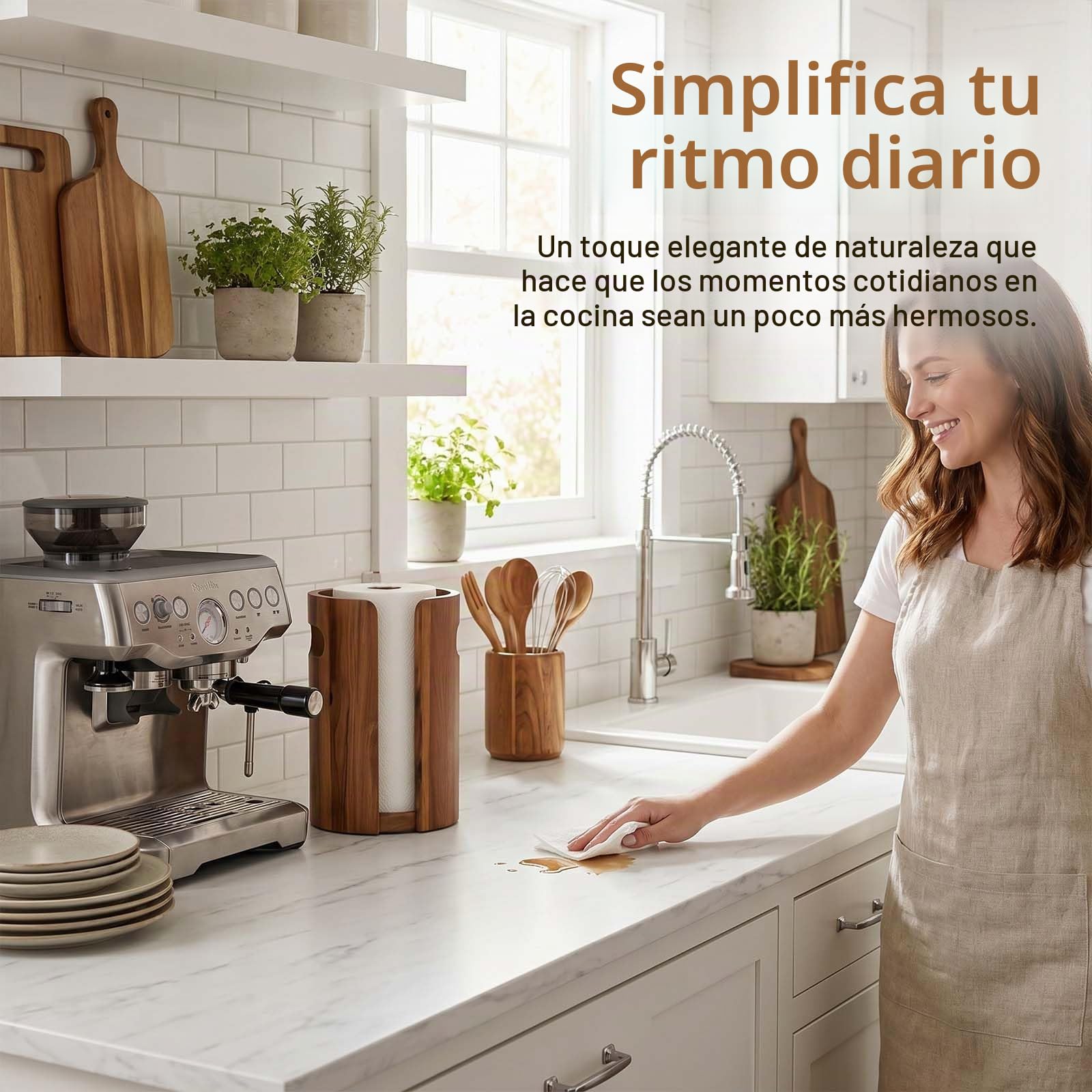 Portarrollos de Papel de Cocina de Madera para Encimera, Soporte para Rollo de Cocina con Salpicadero, Asas y Base Antideslizante Lastrada, Esencial de Decoración para Cocina, Baño, Apartamento