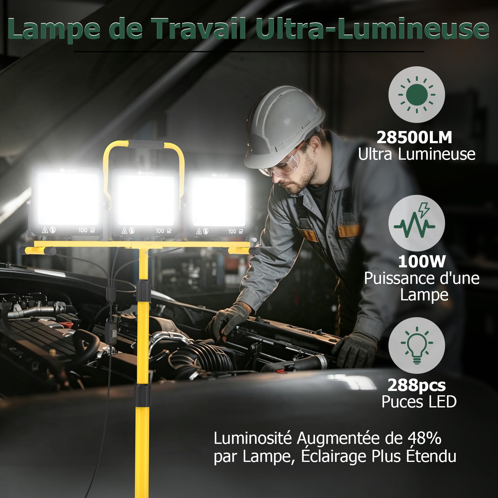 JiGiU Projecteur de Chantier LED 100W, avec 3 Températures de Couleur
