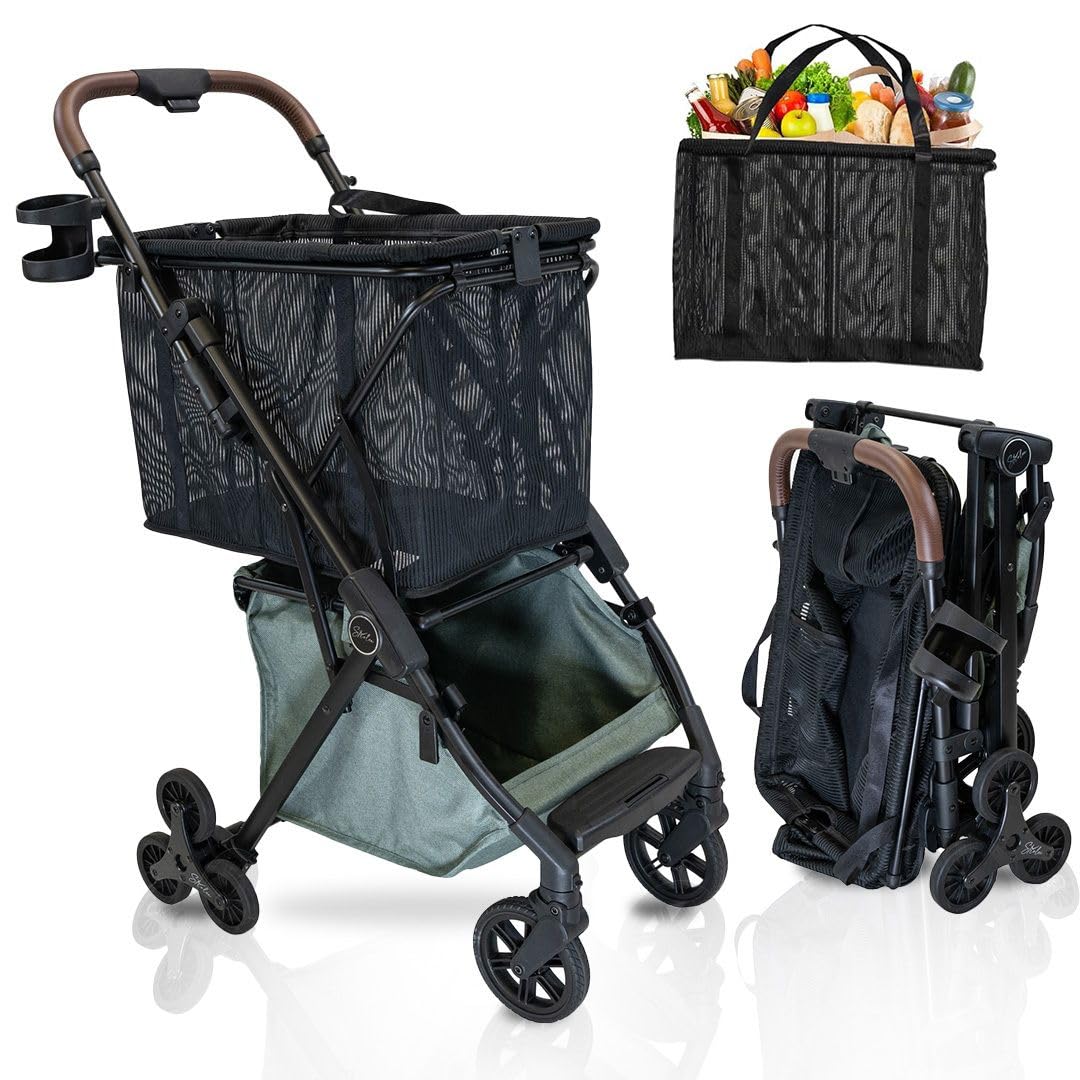 Personal Luxury Folding Shopping Cart with Stair Climbing Wheels – Lightweight Aluminum Frame – Removable Shopping Bag with Carry Strap & Lower Storage 75Lbs Capacity (Sage v2 Stair Wheels)