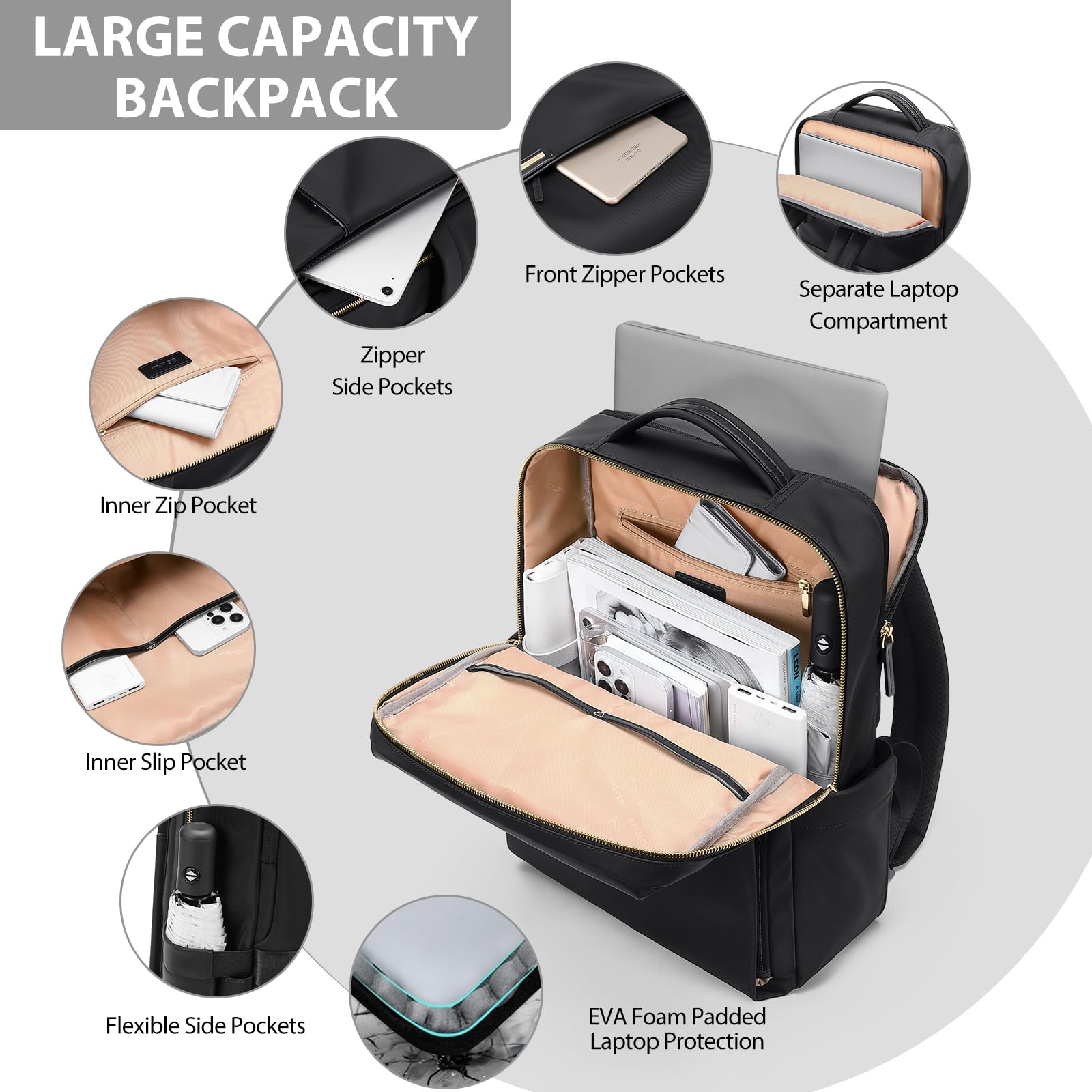 Sac à Dos Ordinateur Portable 16 Pouces Imperméable Noir
