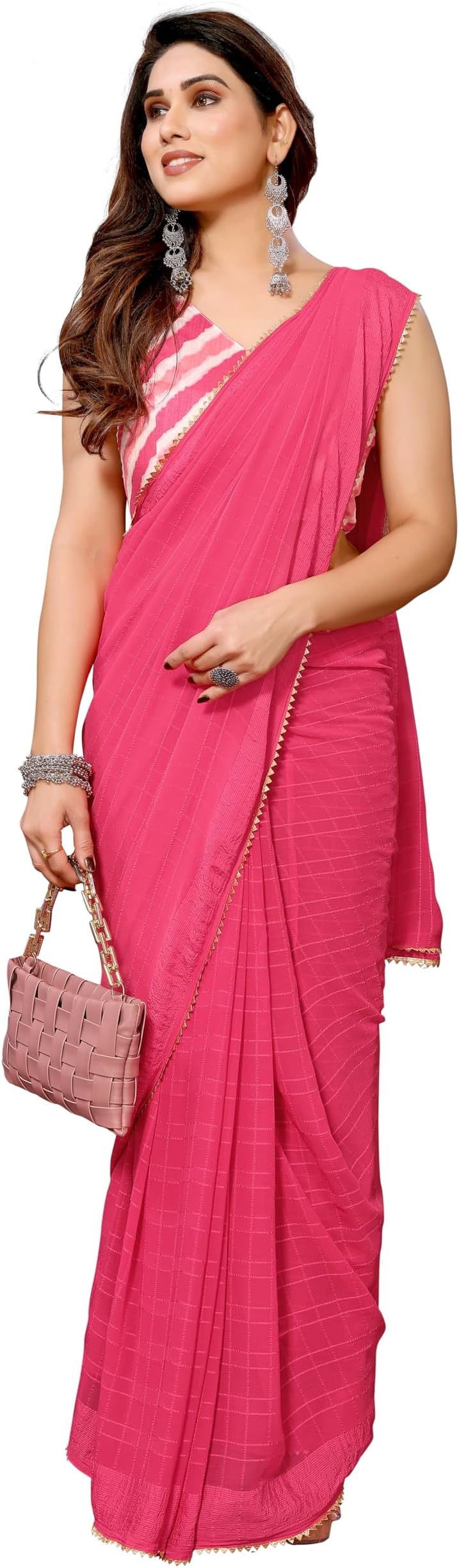 MOHIT CREATIONS Women's Party Wear Georgette Printed Border Ready To Wear Saree With Unstiched Blouse Piece