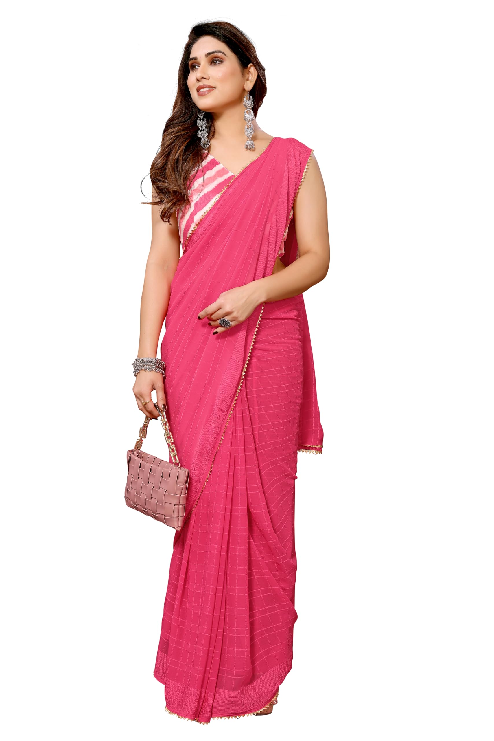 MOHIT CREATIONS Women's Party Wear Georgette Printed Border Ready To Wear Saree With Unstiched Blouse Piece