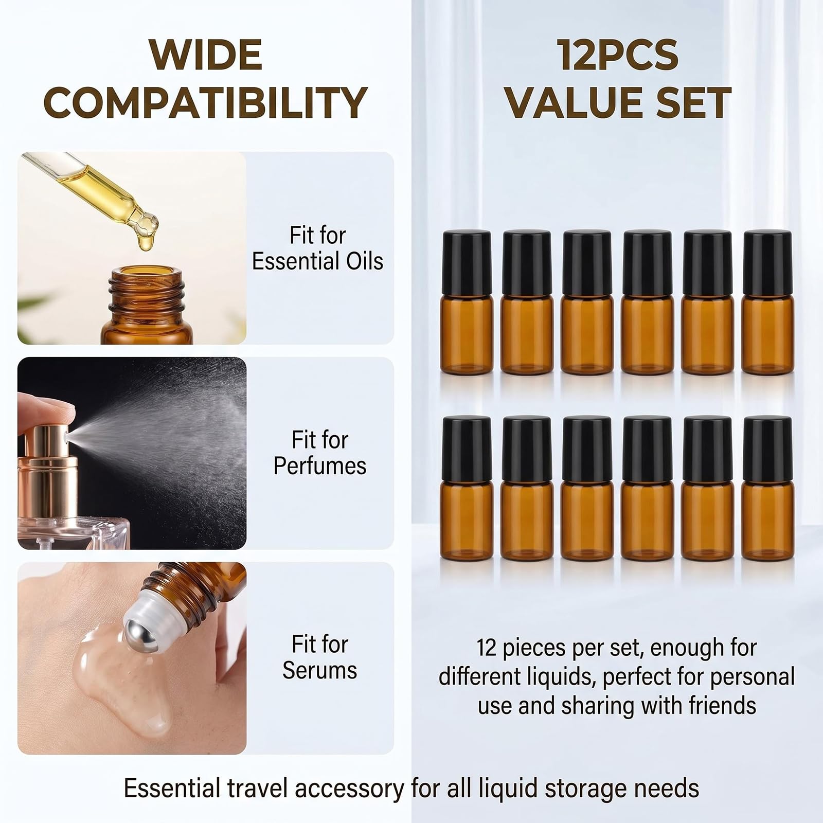 12 botellas pequeñas vacías de vidrio ámbar portátiles de 2 ml, para cosméticos, maquillaje, tamaño de viaje, frascos de almacenamiento, frascos enrollables para aceites esenciales, aromaterapia,