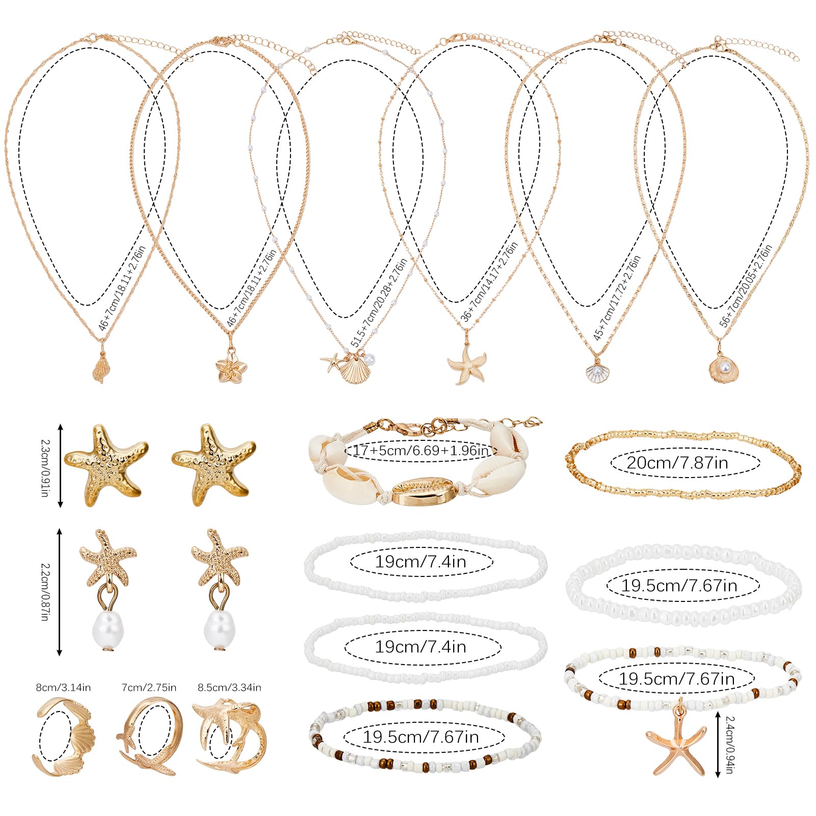 NICENEEDED 20 Juego de Joyas de Concha Y Estrella de Mar, Pendientes de Concha Marina, Anillos, Collar Bohemio con Dijes En Capas