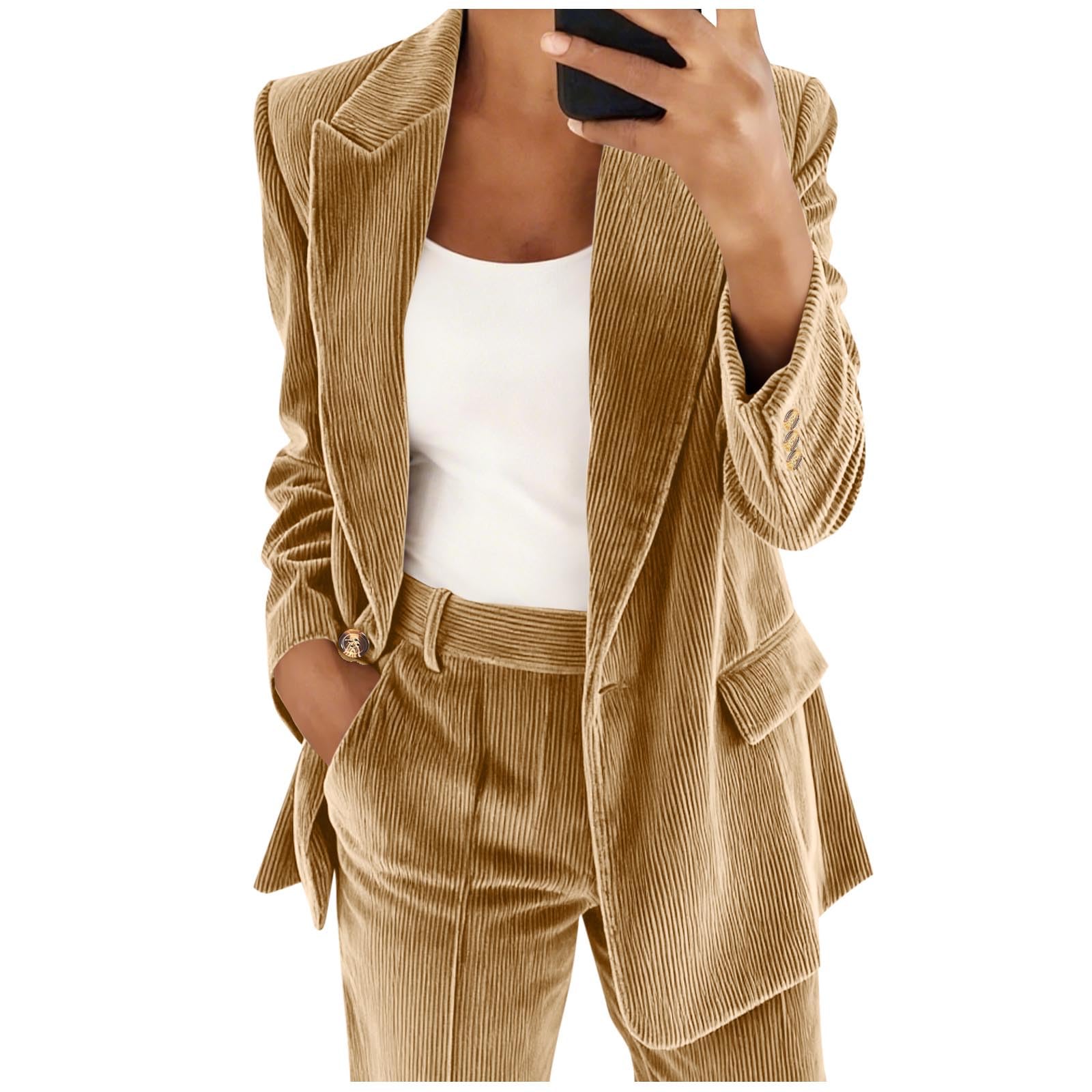 Blazers for Women Corduroy Blazer Jackets Fashion Solid Button Suit Coat Casual Ribbed Work Business Outerwear