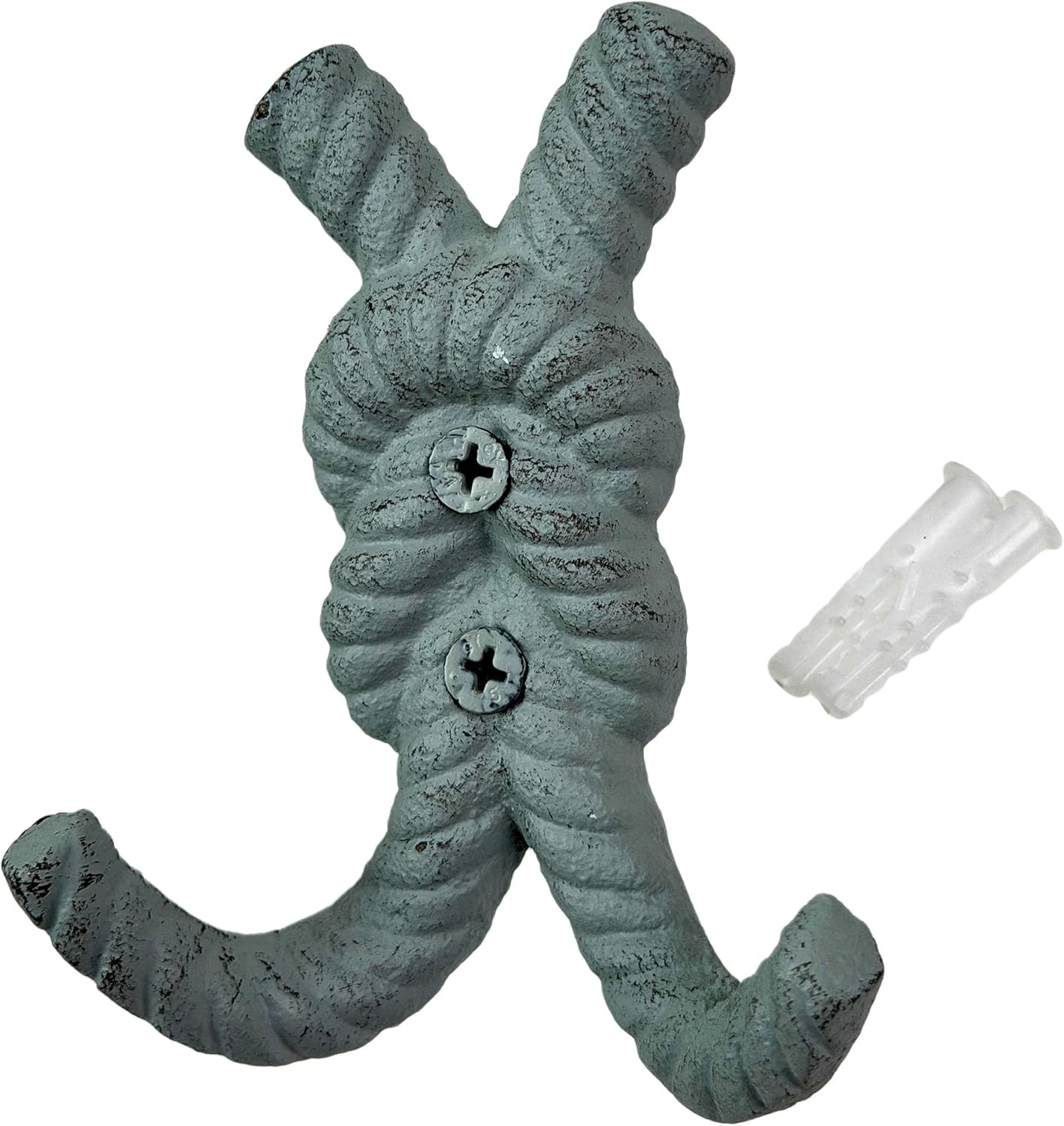 Zeckos 4 Inch Cast Iron Rope Knot Wall Hooks, Set of 3 Nautical Coastal Double Hooks in Green, Blue and White with Matching Screws, Decorative Entryway, Bathroom or Beach House Wall Storage