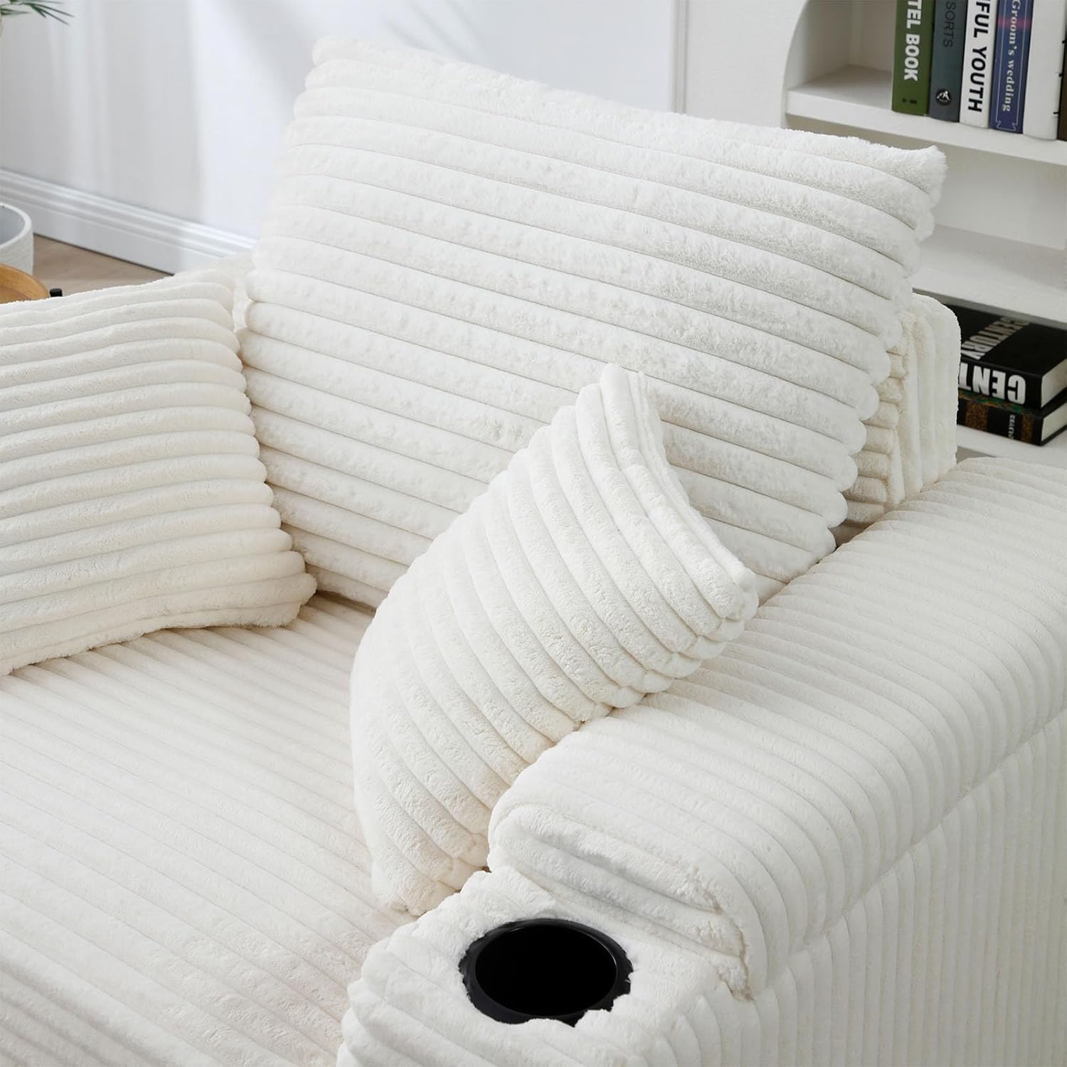 Chaise Longue Indoor with Cup Holders & Storage Ottoman, 70-inch Modern Upholstered Corduroy Cloud Lounge Loveseat Sleeper Sofa Bed with Armrest and Pillows for Living Room, Bedroom Apartment, Beige