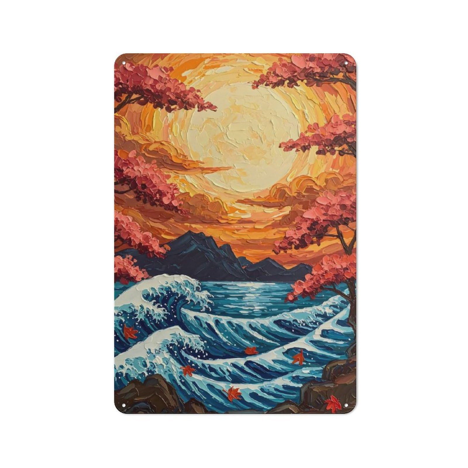 Junmoney Japanese Wave Sunset Vintage Tin Sign 30X20cm Featuring For Workshop Wall, Gift For Metal Sign Collectors During The Christmas Season