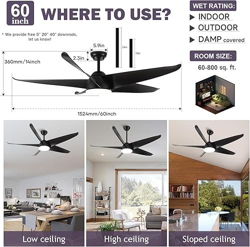 Miniatura 7 de 60" Outdoor Ceiling Fans with Lights Remote Control, Large Black Modern Waterproof Ceiling Fan for Patios Bedroom with 3CCT Dimmable LED 6-Speeds