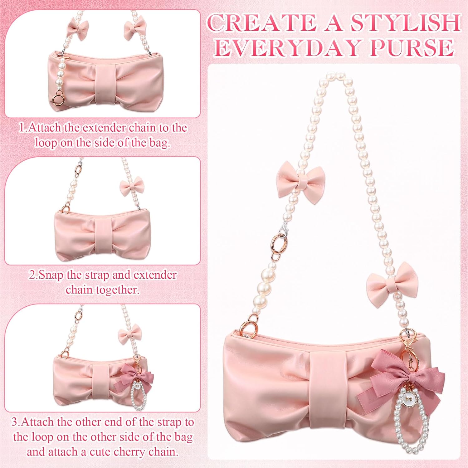 5 Pcs Coquette Pearl Leather Bow Purse for Women Christmas Gift Cute Y2k Crossbody Bag Bow Charm Extender Chain Strap - Image 4
