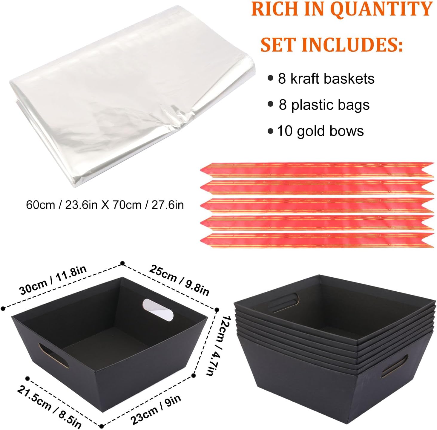 Yiksonyo 8-Pack Black Gift Baskets Empty, Kraft Gift Basket Kit with Bags & Bows, Large 12 x 10 x 4.8 inches Black Kraft Gift Basket for Christmas, Birthday, Wedding, DIY and More