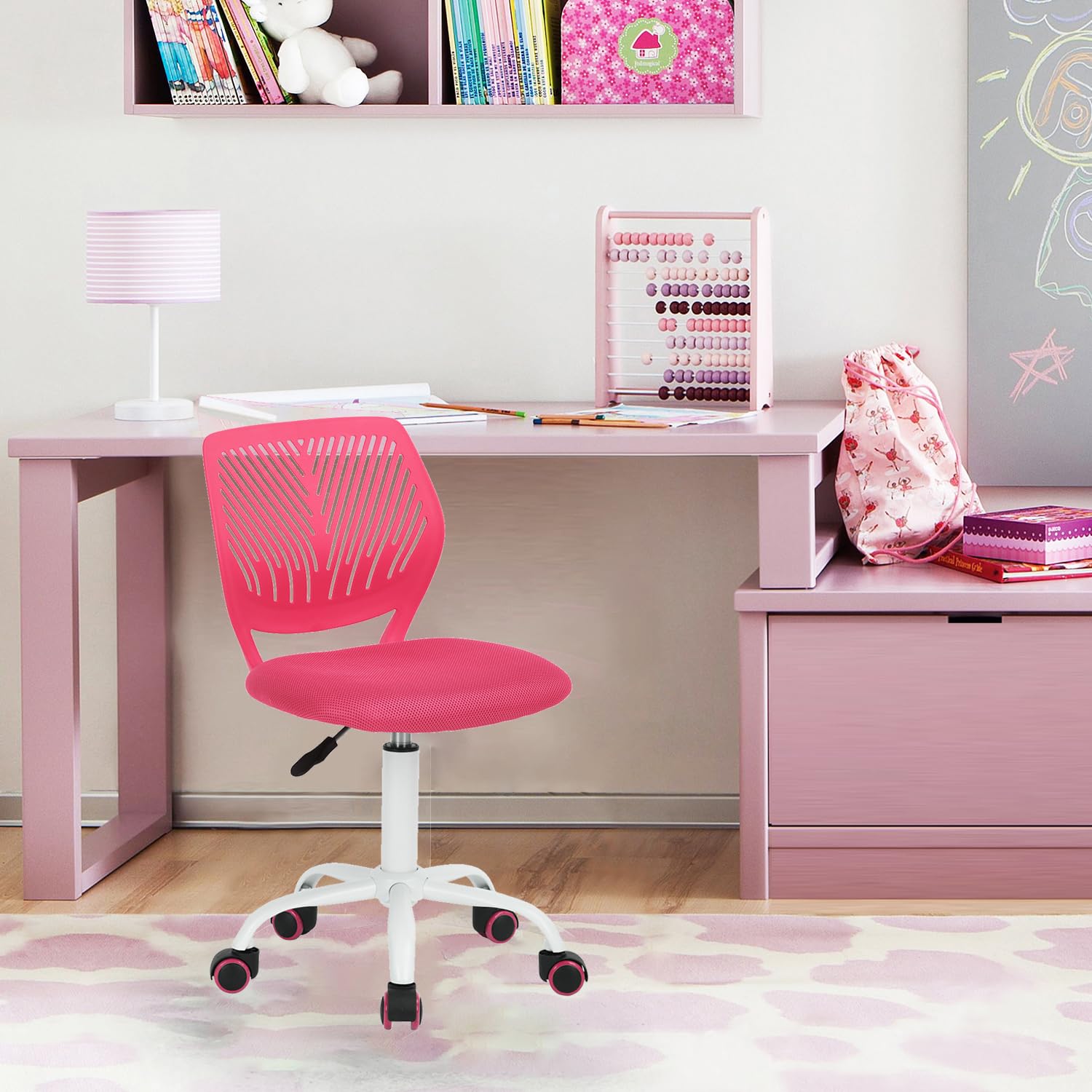 FurnitureR Chaise de Bureau adaptée aux Enfants pour l'apprentissage à la Maison, Fauteuil Roulant Ergonomique réglable en Hauteur pour Les Jeunes apprenants, Design Rose Vif