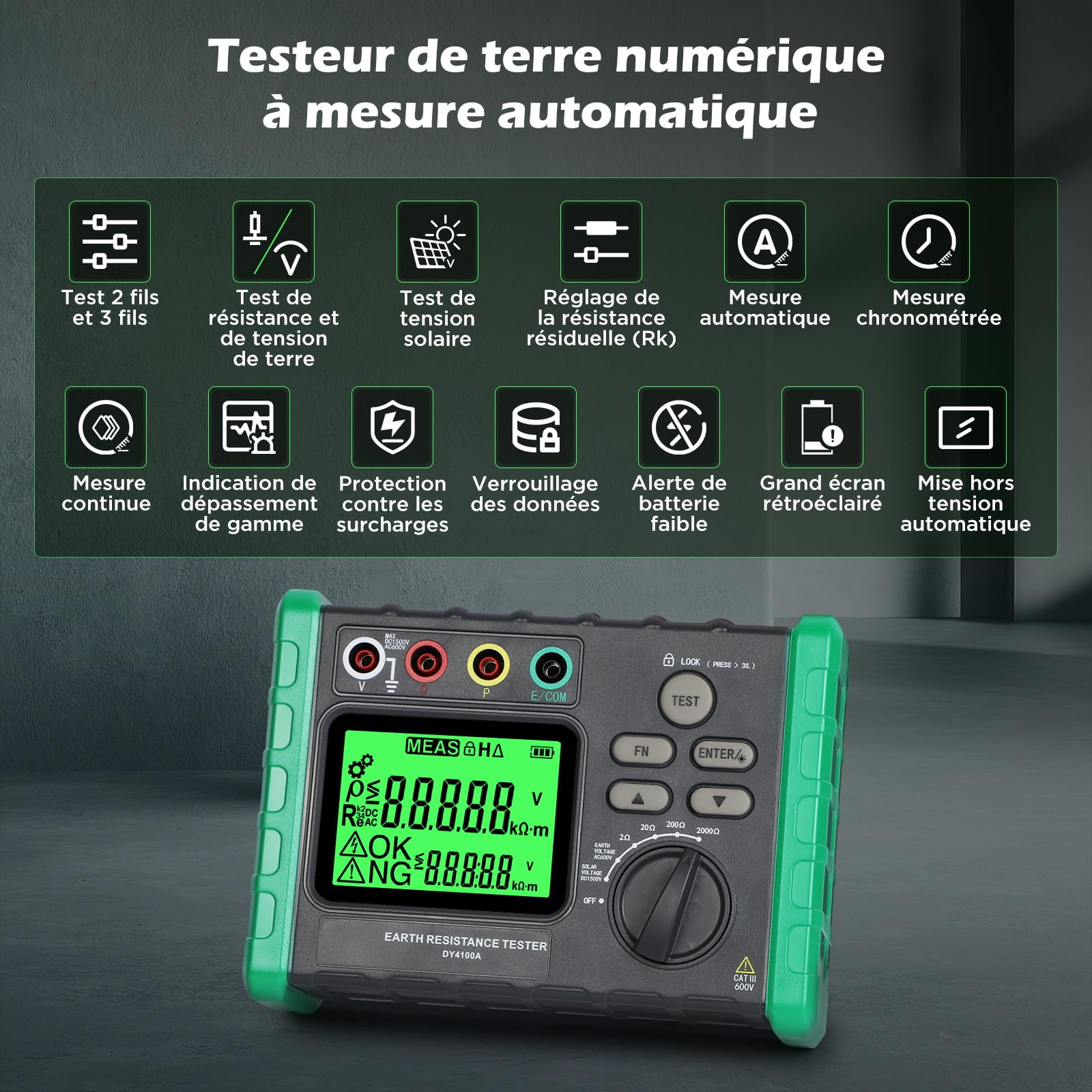 DY4100A Testeur de Résistance à la Terre Numérique, Mesure de Résistance de Mise à la Terre de 2/20/200/2000 Ω, Mesure de Tension CA de 600V Mégohmmètre à Mesure Automatique Amélioré