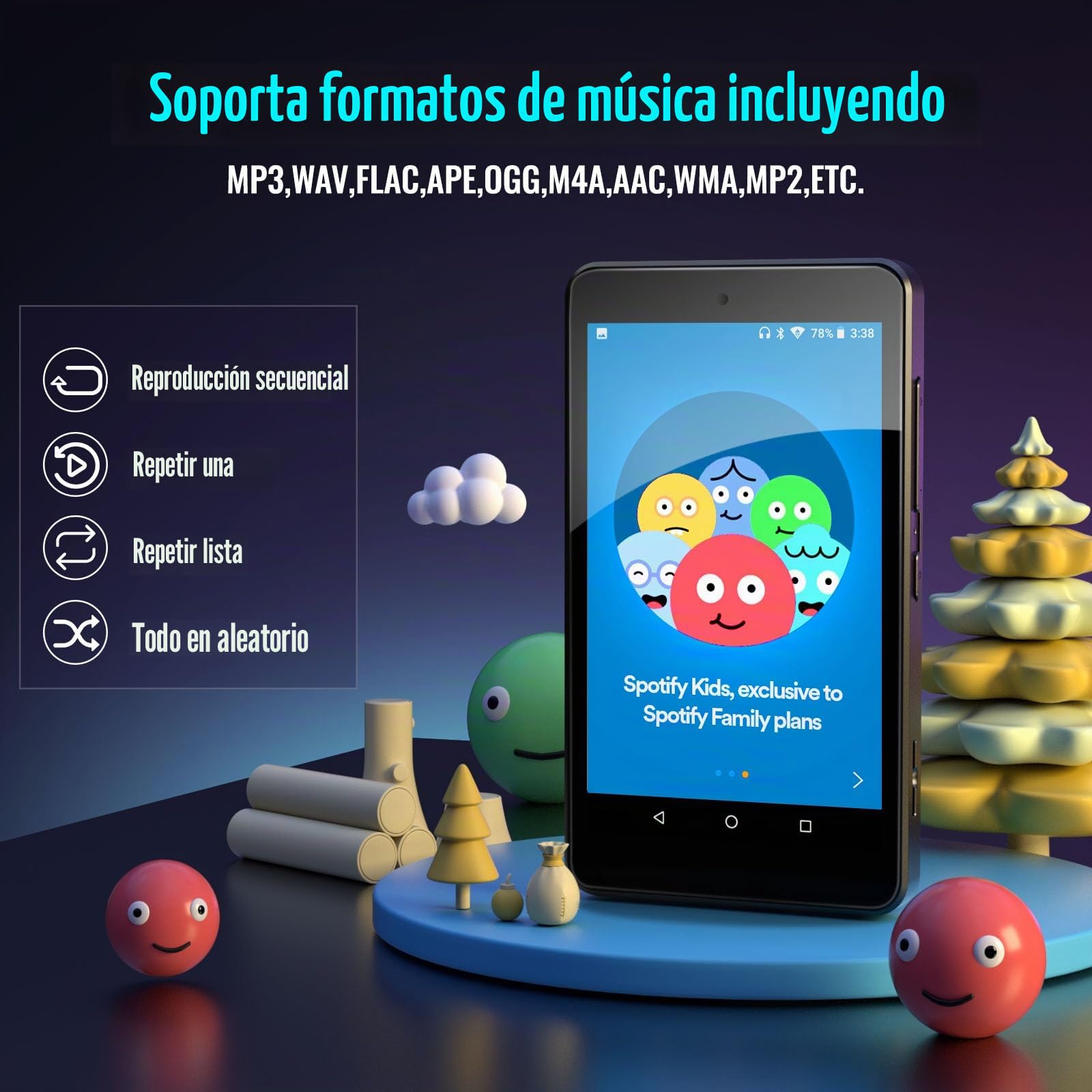 Reproductor MP3 para niños con Controles Parenales, Spotify Kids, Spotify, Audible, Amazon Music, Libby, Reproductor de música MP4 IPS de 4,0" con Capacidad de hasta 512GB (Negro Oscuro)