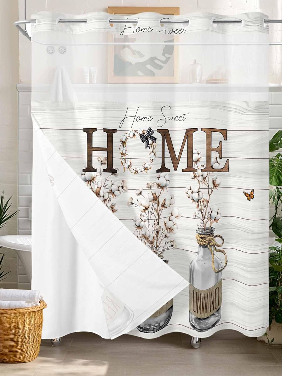 Teamery No Hook Shower Curtain with Snap in Liner, Sweet Home Cotton Butterfly Curtain Set See-Through Top Double Layers Fabric Shower Curtains Vintage Bottle on Wood for Bathroom Decor, 66x72in