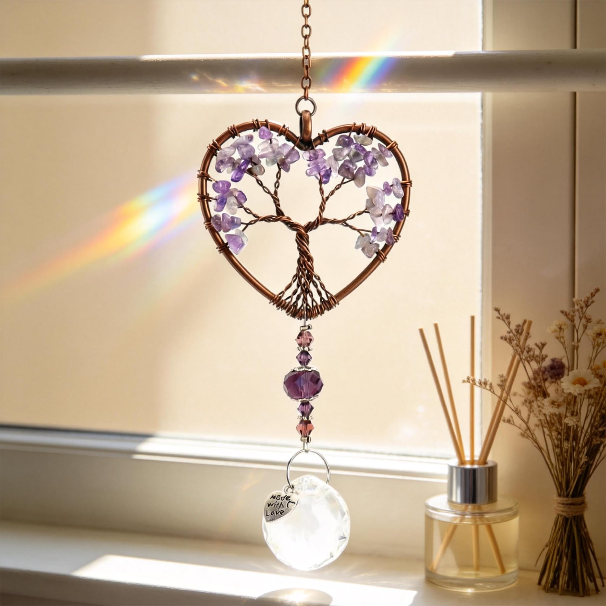 Minwegi Women's Purple Handmade Crystal Sun Catcher For Windows - Rainbow Light Catcher With Natural Amethyst Tree, Boho Hanging Ornament For Home Decor, Spiritual Gift For (Purple)