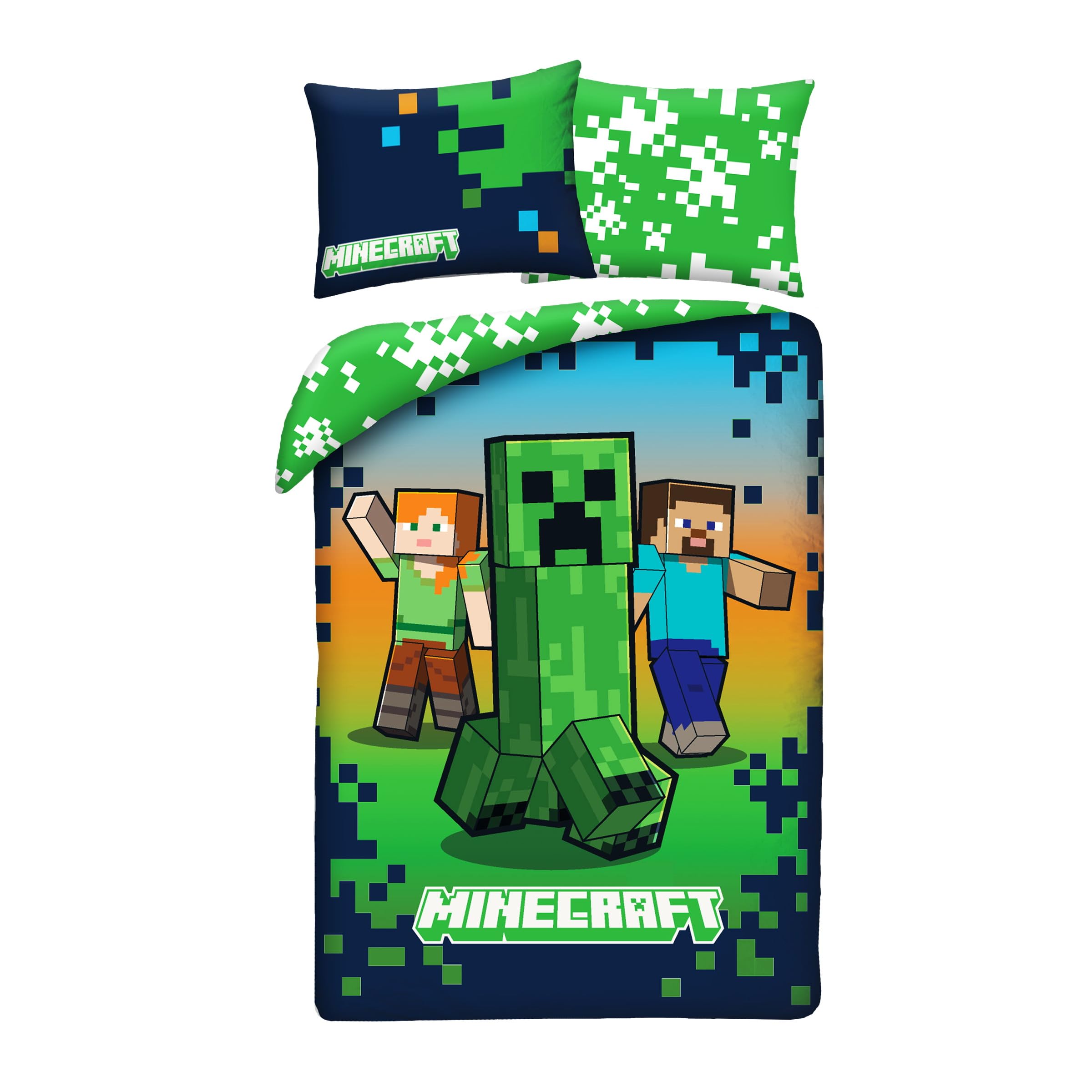 Minecraft Beddengoedset, Creeper Boom, omkeerbaar dekbedovertrek 140 x 200 cm 1 kussensloop 70 x 90 cm, 100% polyester, zeer goede kwaliteit, meerkleurig
