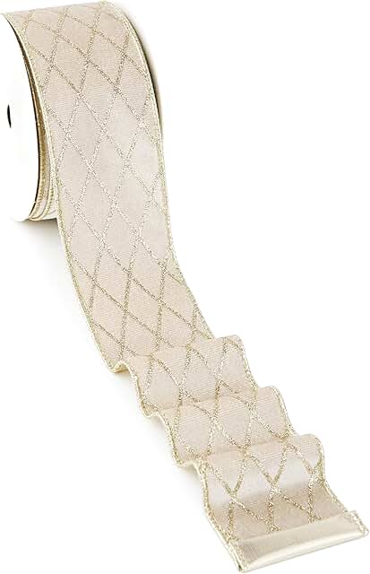 MAYREEL 2.5 Inch Champagne Gold Velvet Wired Ribbon Metallic Diamond Gli...