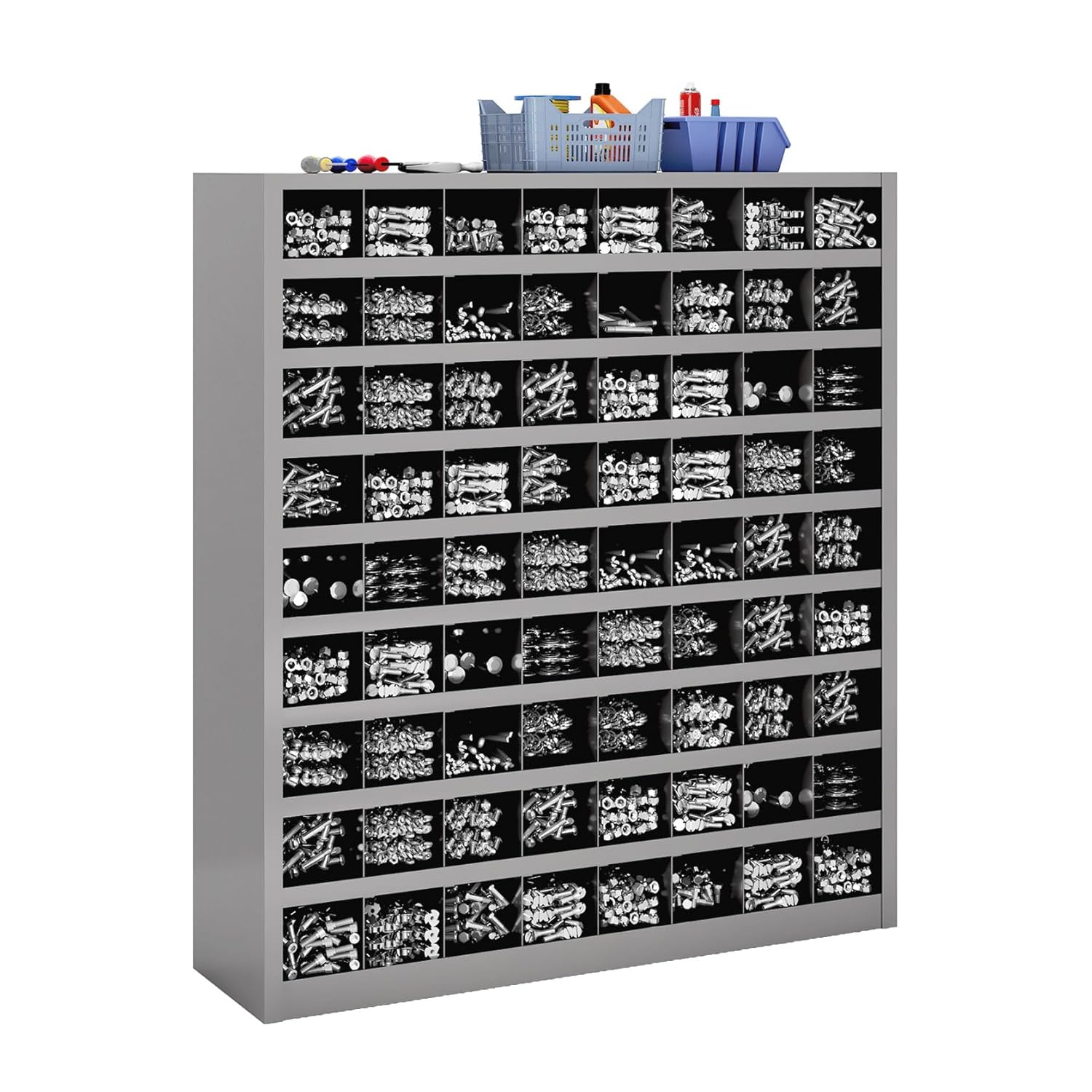 72 Hole 9-Layer Cold Rolled Steel Powder-Coated Metal Storage Bolt Bin for Grade Hex Cap Screws, Nuts & Washers Hardware Kit – Garage Parts Organizer, 33.4"x31.5"x10", Grey