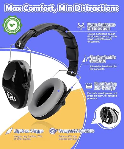 Miniatura 4 de PROHEAR 032 2.0 Auriculares con cancelación de ruido para niños, reducción de ruido de 25 dB, orejeras sensoriales ajustables de protección de oídos