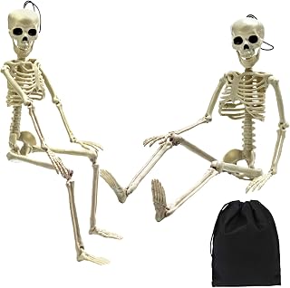 2 Packs Posable Halloween Skeleton, 15.8 Inches Movable Full Body Bone Model Skeleton with Joints and Sling Plastic Skeleton Decoration Scary for Haunted Houses Graveyard Scene Halloween Decoration