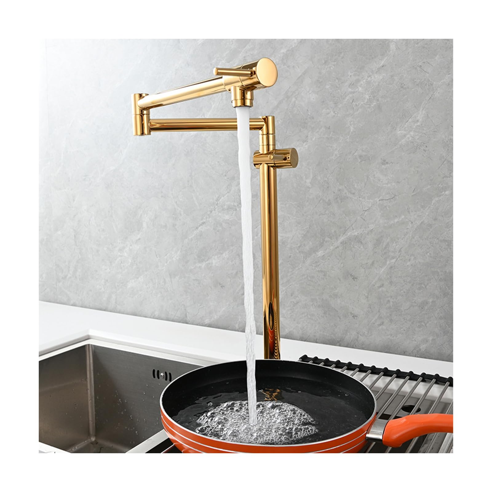 Robinet de cuisine pliable mitigeur double poignée laiton extensible doré sur pont