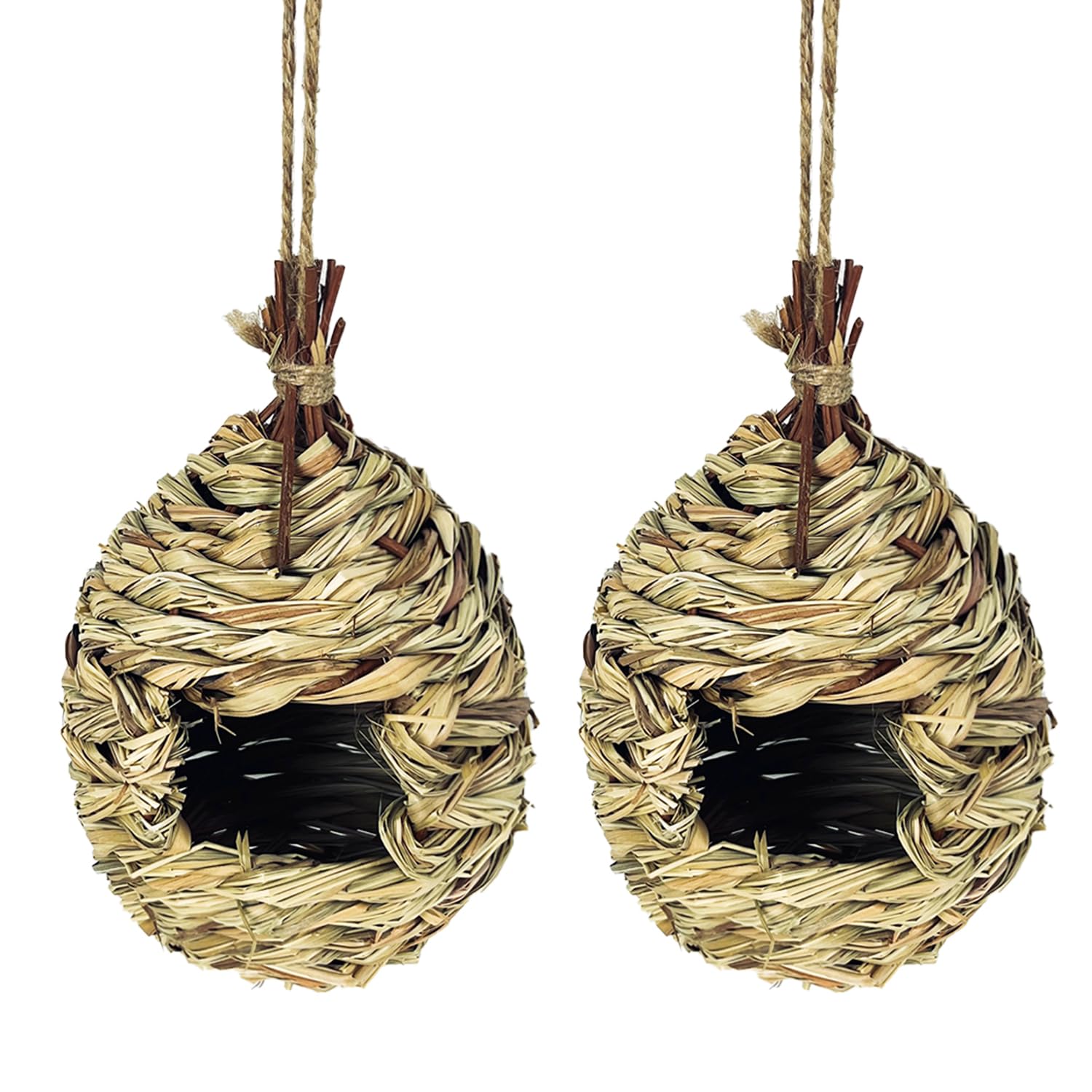 Hugeleaf 2 Pack Hummingbird House, Grass Hand Woven Bird Houses for Outside Hanging, Water Drop Shaped Hummingbird Houses for Outside for Nesting