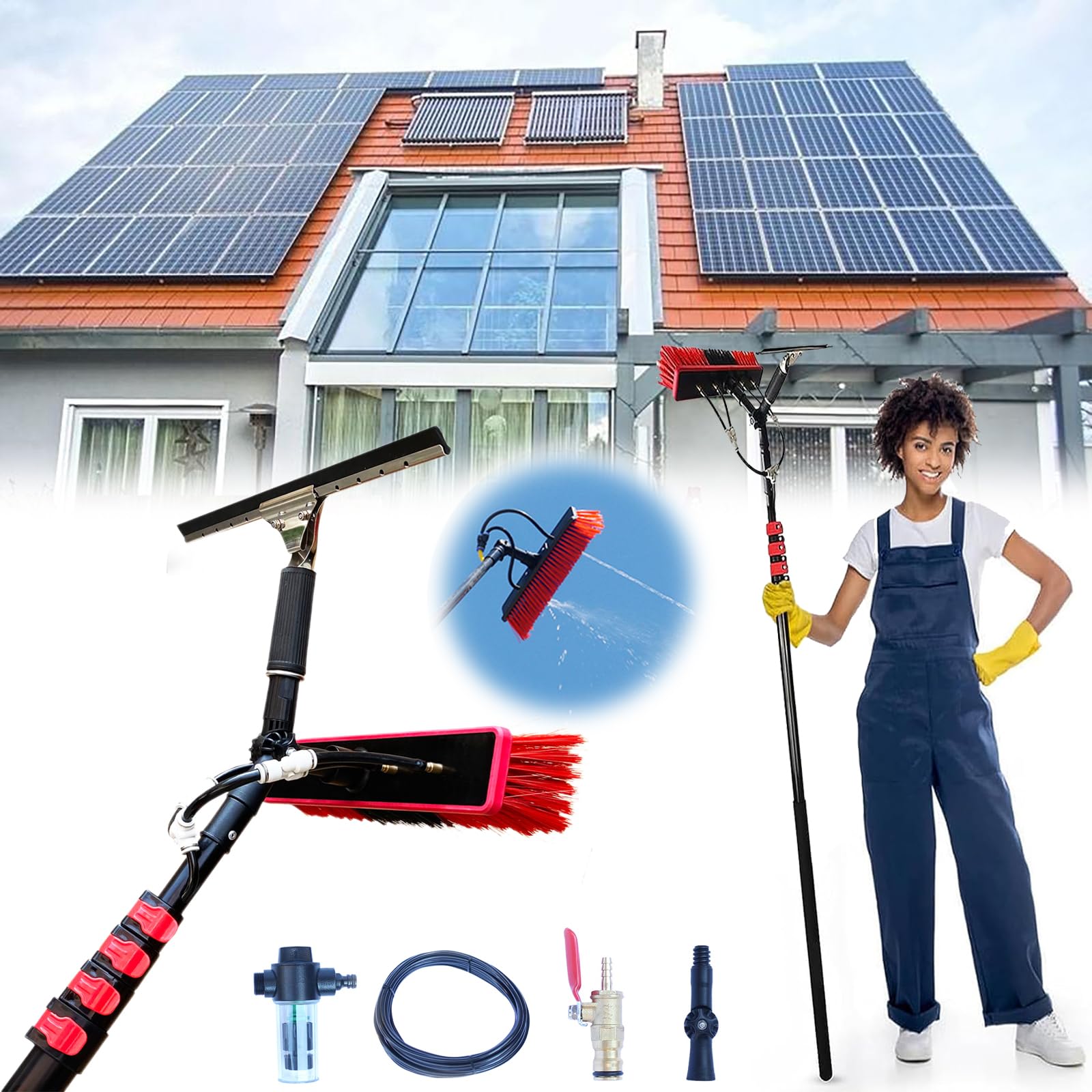 Aioneer Water Fed Pole Kit,Window Cleaning Brush,Outdoor Window Glass Solar Panel Cleaning Extendable Telescopic Pole Water Fed Brush Spray Washer,5.4M-55cm Brush -3.6M