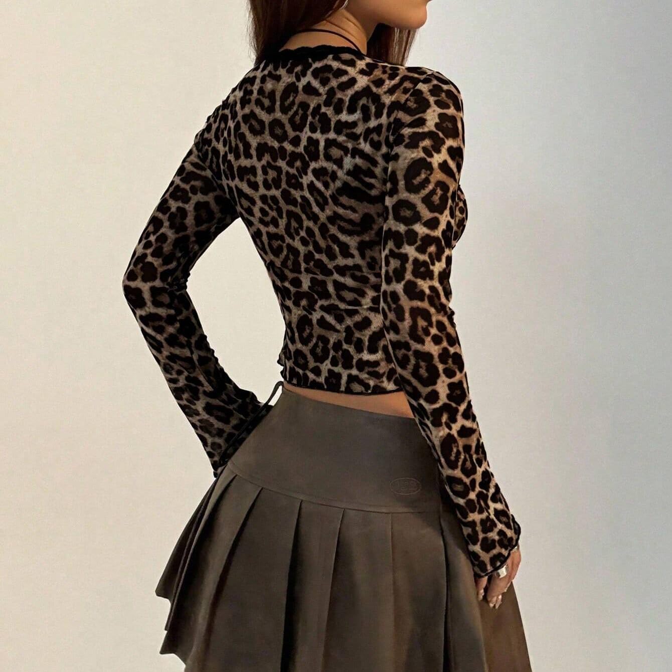 Women Sexy Bow Tie Front Leopard Print Mesh Crop Top Slim Fit Long Sleeve Ruffle Mesh Lace Cheetah Crop T Shirt - Image 2