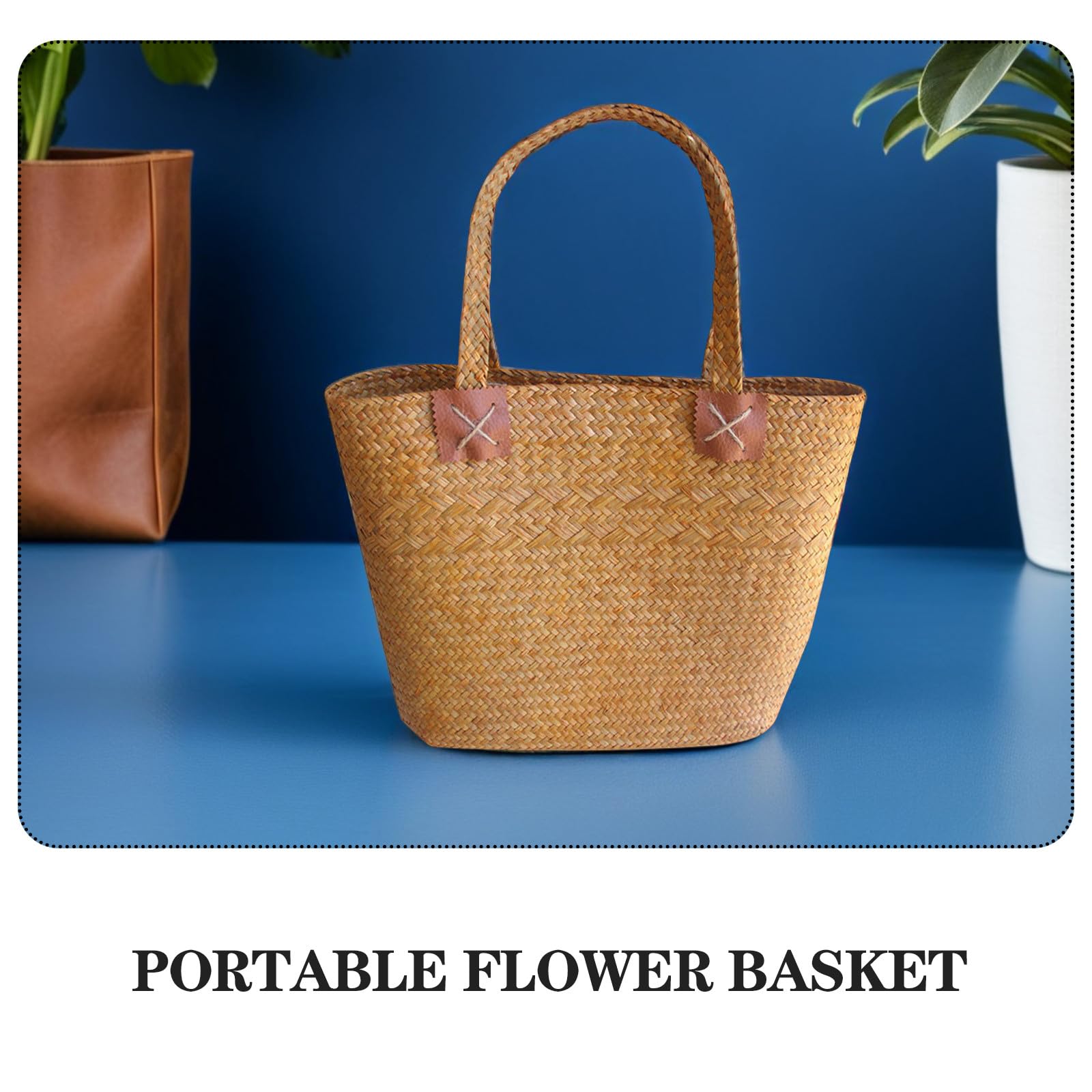 COLLBATH Sac en paille tissée à la main jaune motif floral Petit panier en osier pour pique-nique et plage Sac d'été multifonction pour femme Panier décoratif