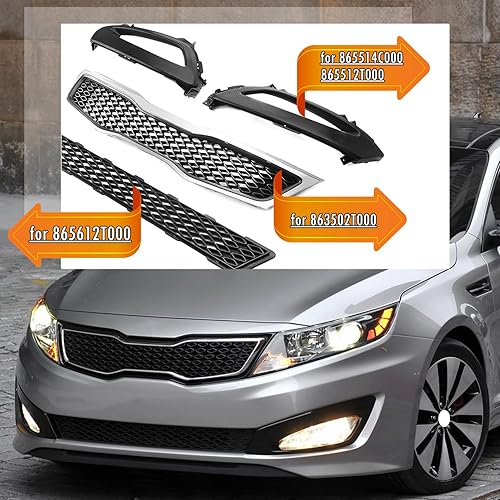 Miniatura 4 de MotorFansClub Rejilla superior de parachoques delantero + rejilla inferior con 1 par de cubiertas de bisel de lámpara antiniebla para Kia Optima