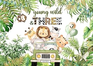 Avezano Young Wild and Three Birthday Backdrop for Boy Safari Theme 3rd Birthday Party Background Tropical Jungle Animals 3 Year Old Birthday Party Banner Decorations (Green, 7x5ft)
