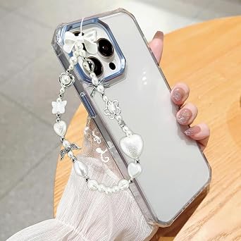 Phone Charm Strap, Pearl Heart Bow Beaded Phone Bracelet Strap, for Keychain Wallet Camera(White)
