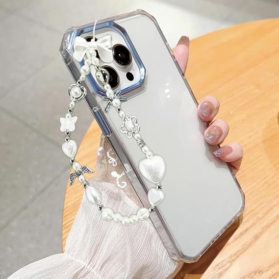 Phone Charm Strap, Pearl Heart Bow Beaded Phone Bracelet Strap, for Keychain Wallet Camera(White)