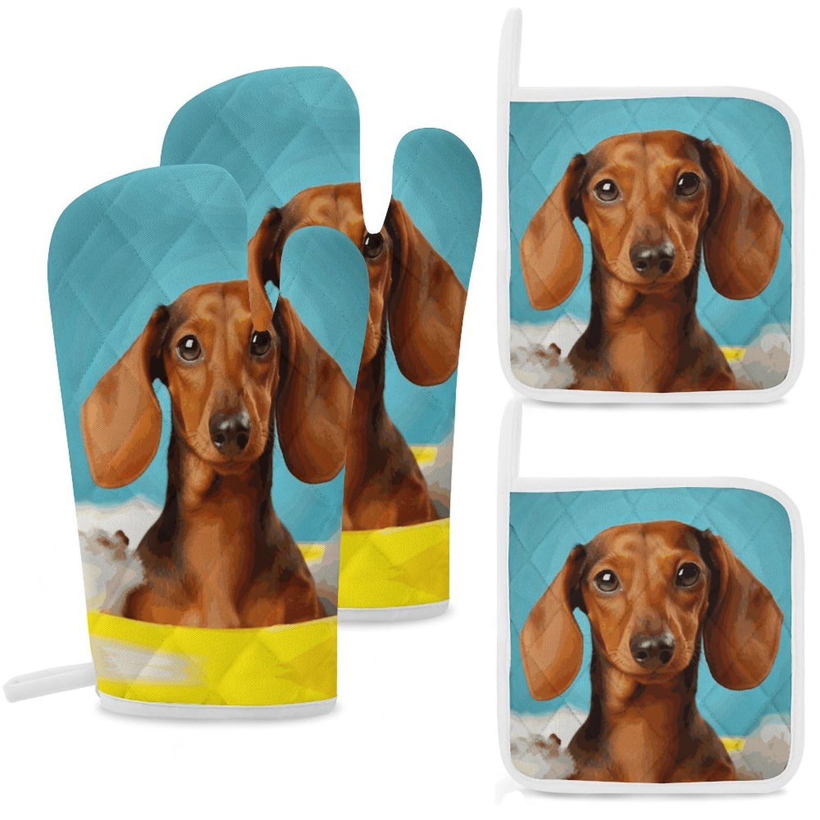 Dachshund Dog Oven Mitts and Pot Holders Sets Heat Resistant Oven Glove with Hanging Loop for Baking Cooking BBQ Thicken Potholders for Kitchen