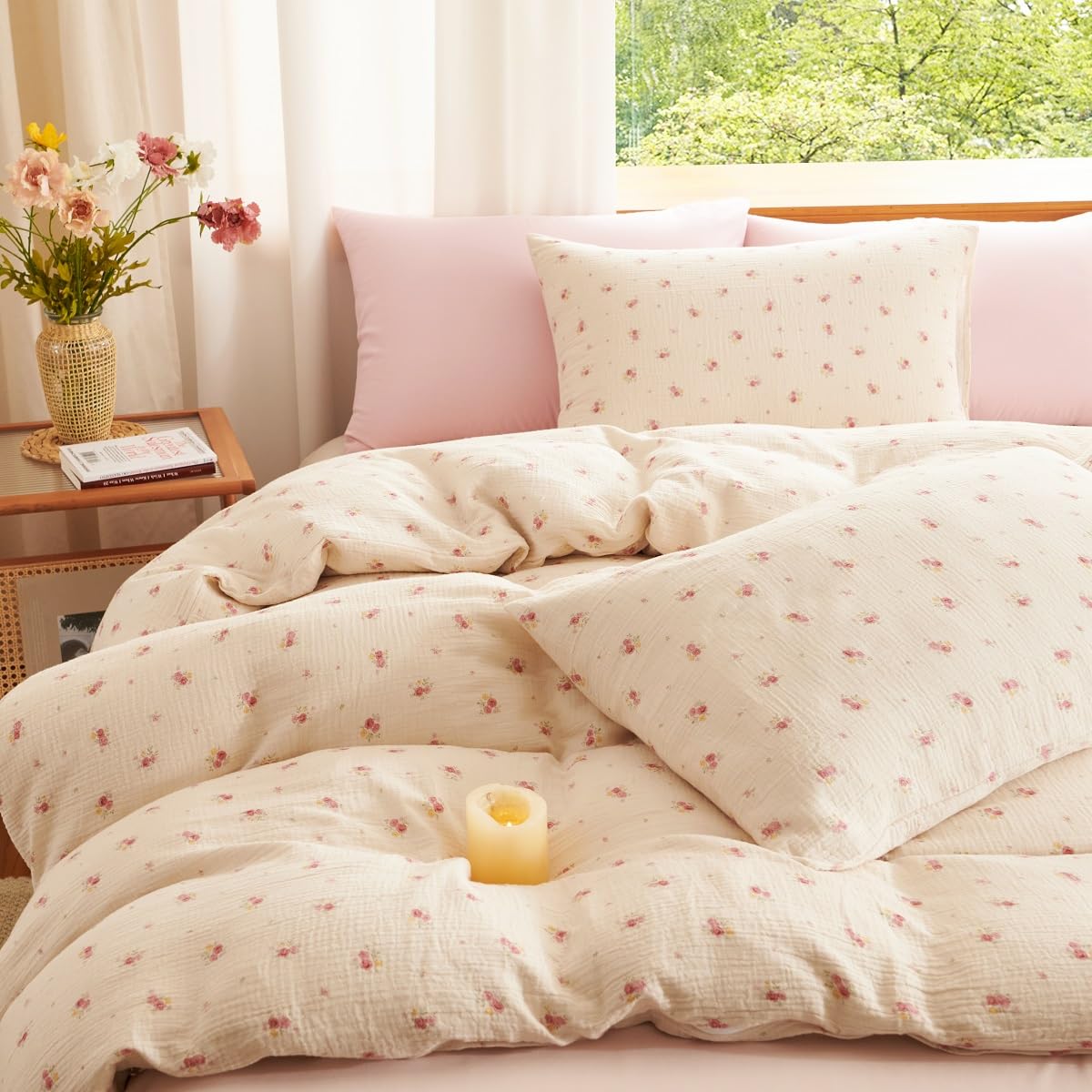 Lanqinglv Doppelte Musselin Bettwäsche 200x220 Baumwolle Beige Rosa Blumen – Bild 2
