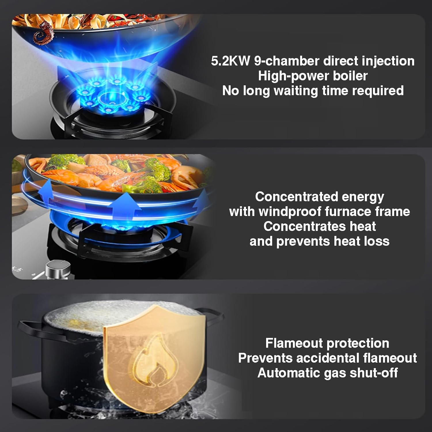 Single-burner Gas Stove,5.2kw 9-cavity High-heat Frying Pan,Household LPG/Natural Countertop,with Tempered Glass Cast and Flame Failure Protection,for Home Outdoor(LPG)
