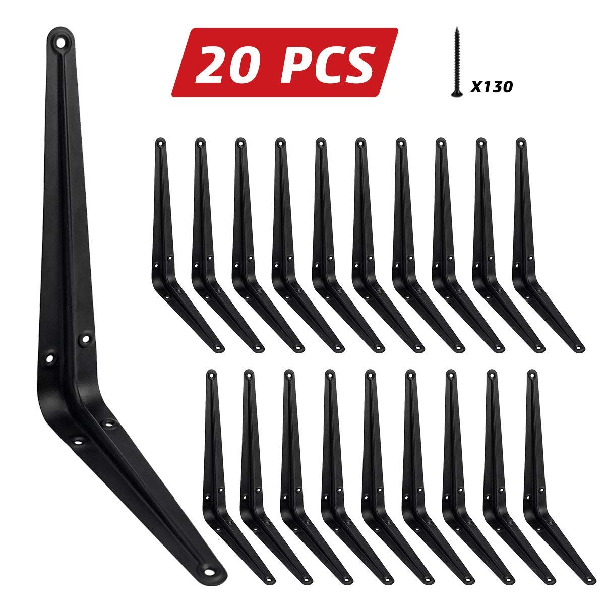 20 Pack Black Shelf Brackets 10 inch, Heavy Duty DIY Floating Wood Shelf Bracket Decorative Rustic L Bracket, J Brackets Metal Joint Angle Bracket for Shelve