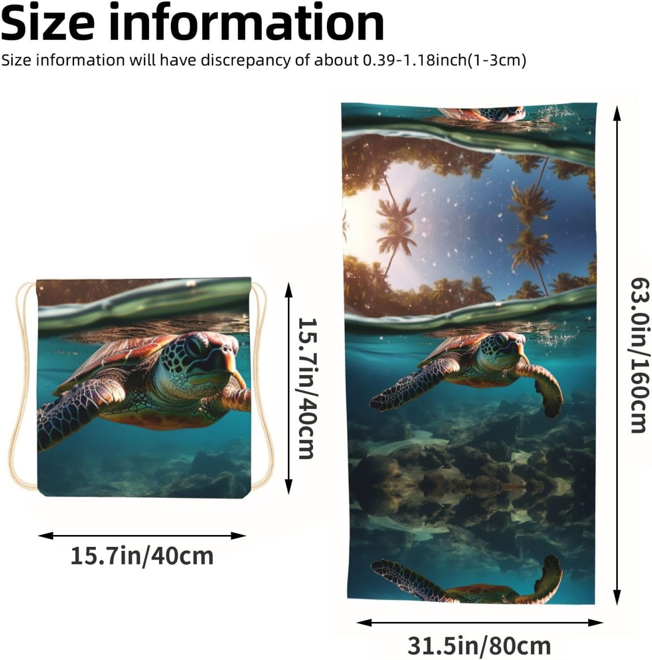 2 in 1 Packable Towel Bag,Soft Absorbent Pool Towels Backpack Quick Dry Lightweight Beach Towels Palm Trees and Sea Turtles Diving Underwater Drawstring Bag for Travel Camping Sports Picnic image 3