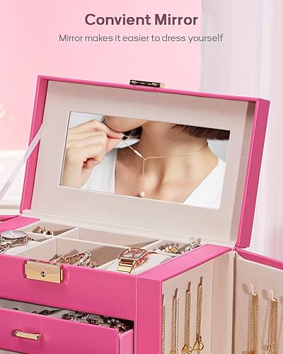 Miniatura 52 de Homde Regalos de Navidad de cuero sintético, enorme joyero, organizador de reloj con espejo, collar, anillo y aretes, estuche de regalo con Dorado