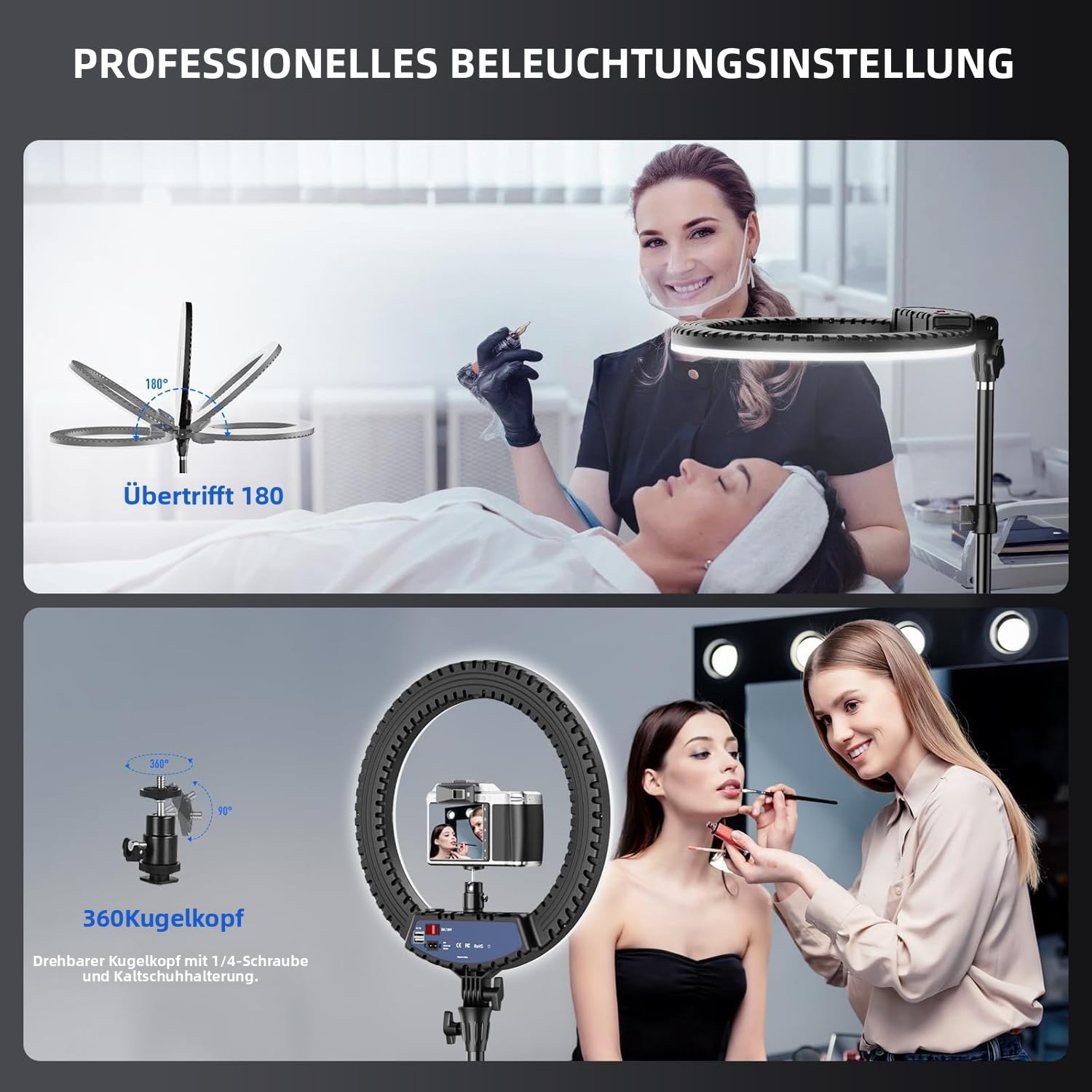 KOSCHEAL Luce ad anello da 18" con supporto, 3000 – 6500 K, luce LED regolabile con microfono e supporto per scheda audio, luce ad anello per parrucchiere/fotocamera professionale/TikTok/YouTube