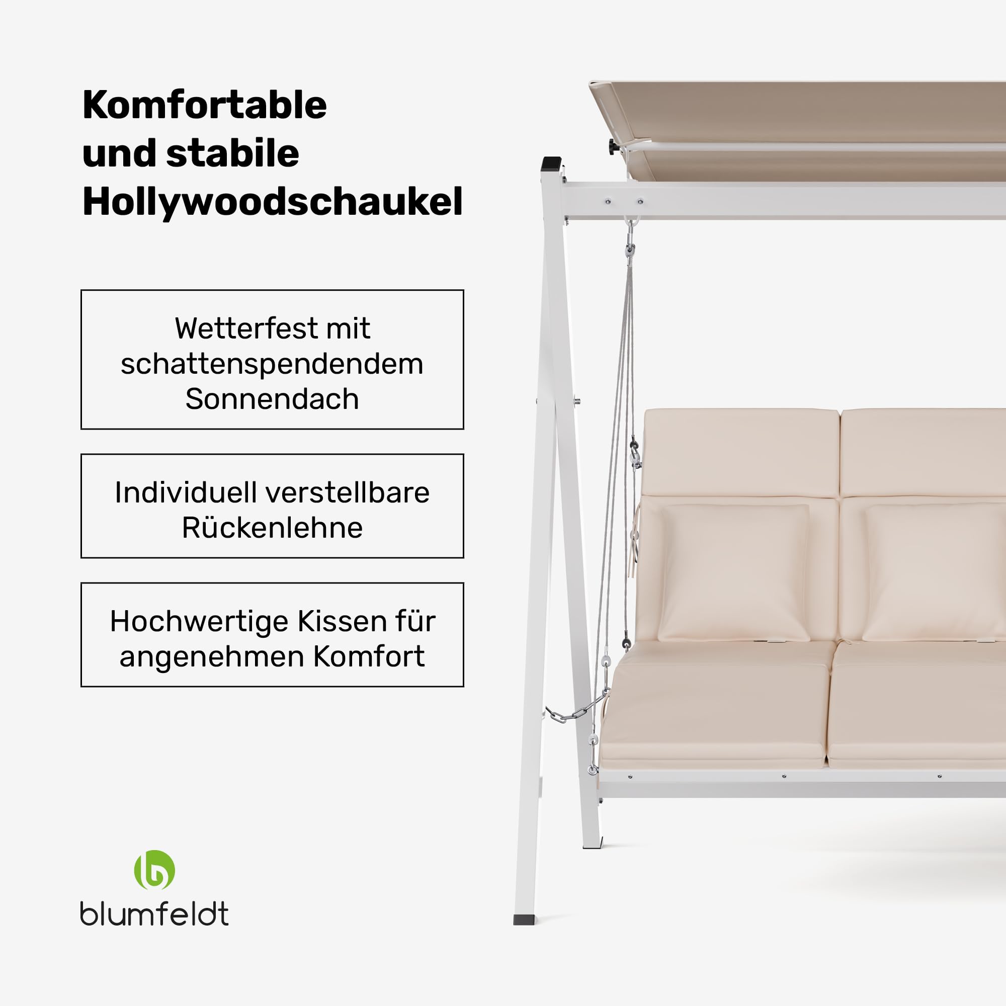blumfeldt FlexiSwing Hollywoodschaukel 3-Sitzer – Verstellbare Rückenlehne & Sonnendach, 240 kg Belastung, Wetterfester Stahlrahmen, Inklusive Kissen, Gartenschaukel