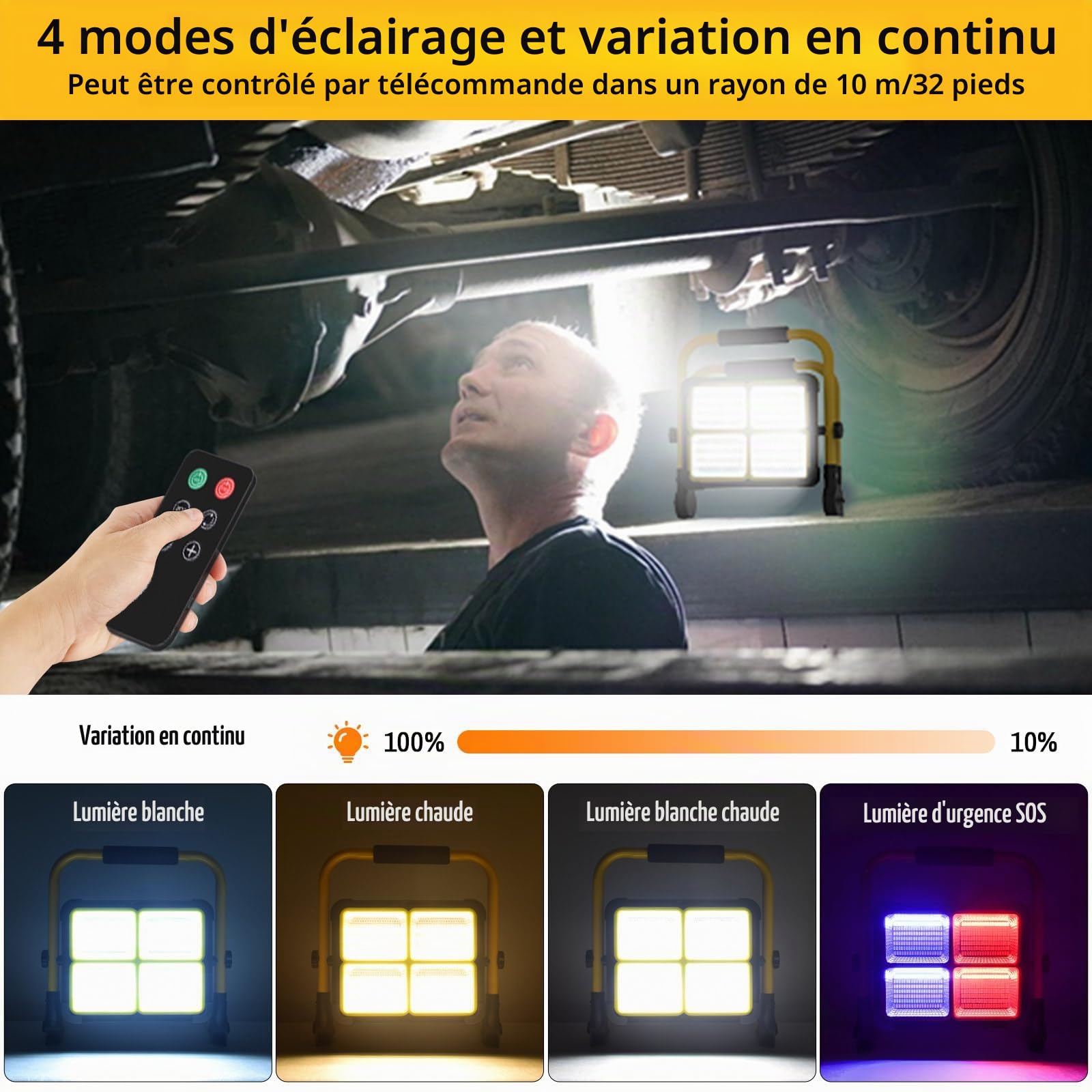 MASMEJOR Projecteur LED Rechargeable, 16000LM, 15000mAh, Télécommande