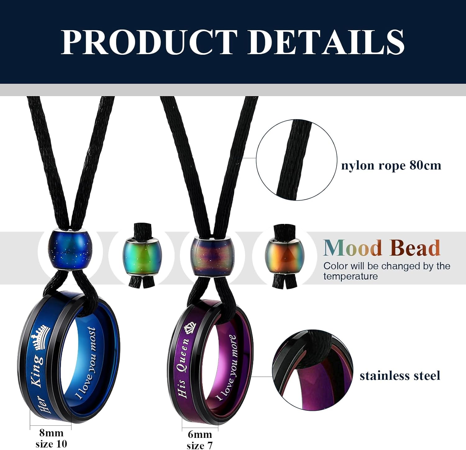 Aienid Matching Necklace, Couple Necklaces for Him and Her Stainless Steel 2Pcs Couple Ring Heart Pendant for Promise