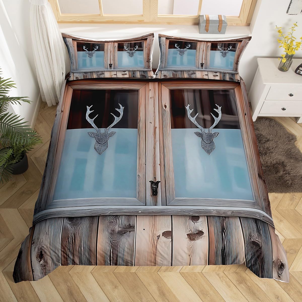 Loussiesd Retro Wooden Door Quilt Set Double Farmhouse Country Wardrobe Decoration Bedding Wooden Door Retro Printed Bedding Set Brown Blue Adult Youth Bedding Set