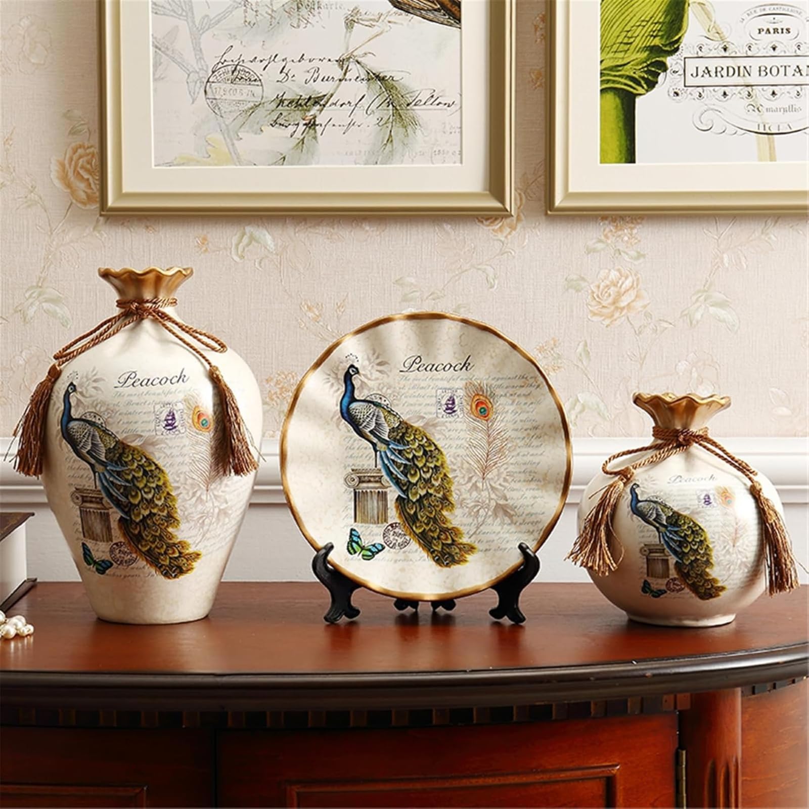 Europäisches Retro-Keramik Deko-Set mit Pfauenmotiv, 3-teilig mit Vasen und Teller, Vintage-Stil Wohnzimmer Dekoration